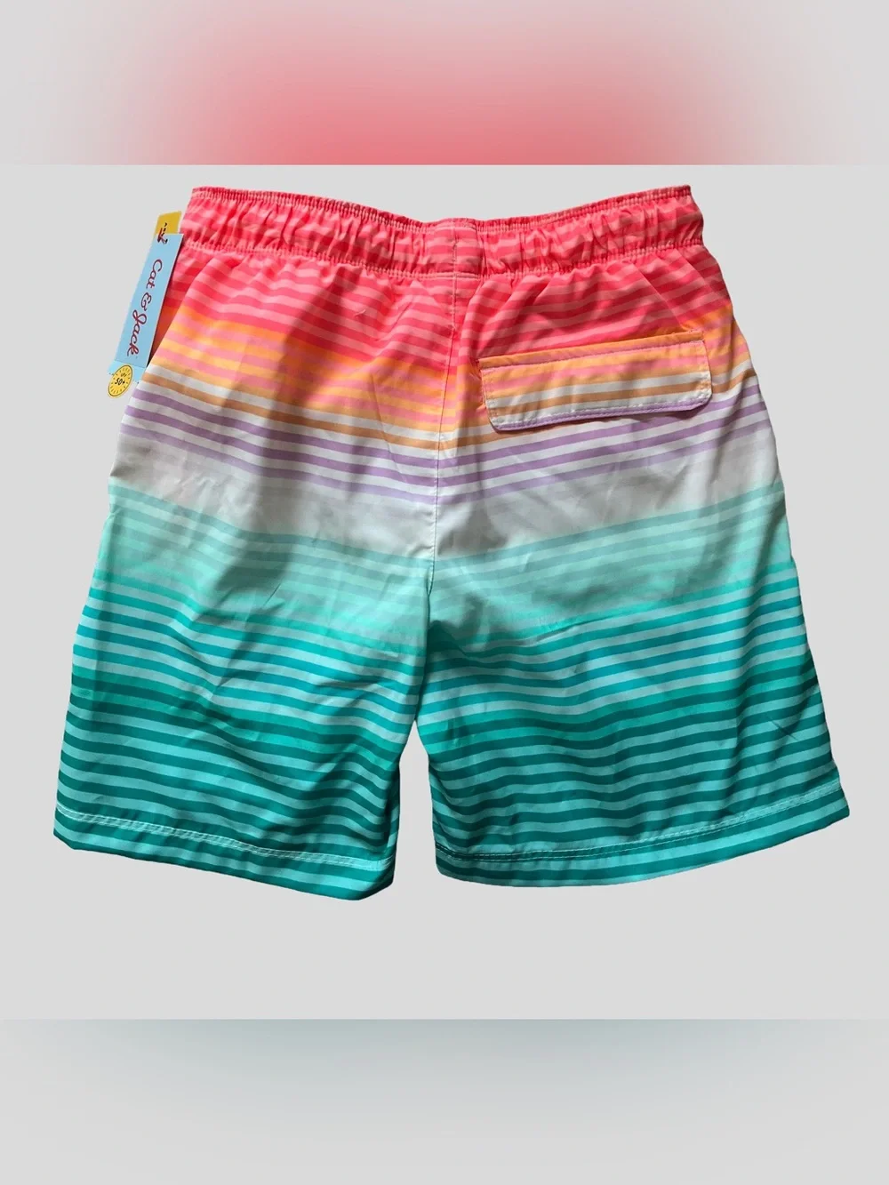 Cat & Jack Boys NWT Bright Stripe Swim Trunks  Size L (10/12) Coral Teal
